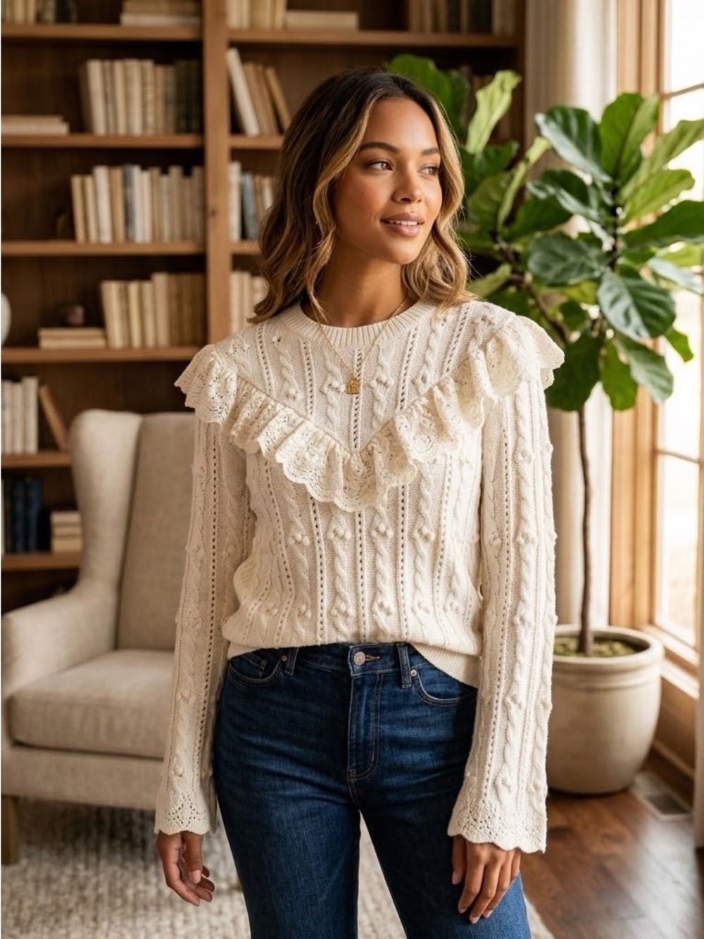 Zara Cream Ruffle Cable-Knit Crew Sweater